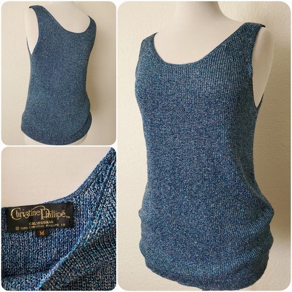Christine Phillipe Tops - Vintage 90s‎ Blue Crochet Knit Tank Christine Phillipe Sleeveless Shimmer Top M